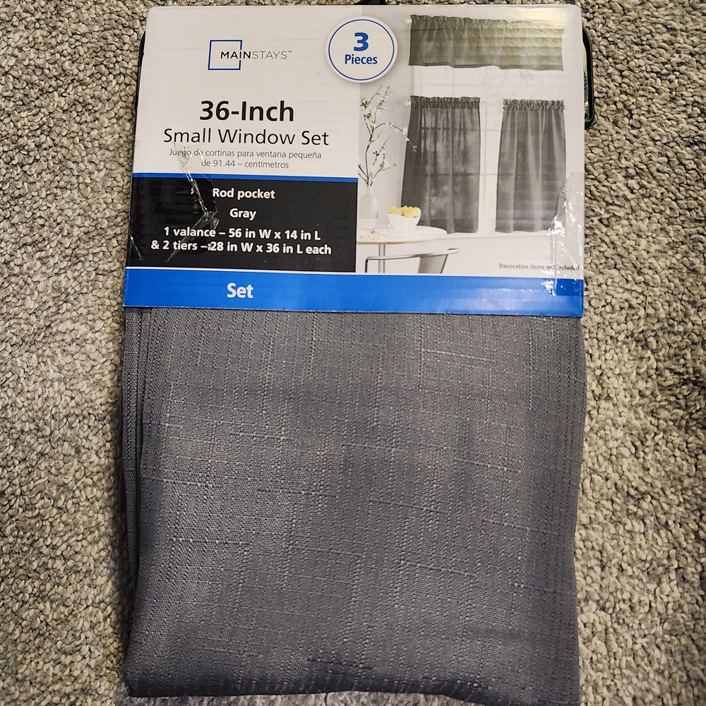 Mainstays Gray 3-Piece Small Window Curtain Set NIP